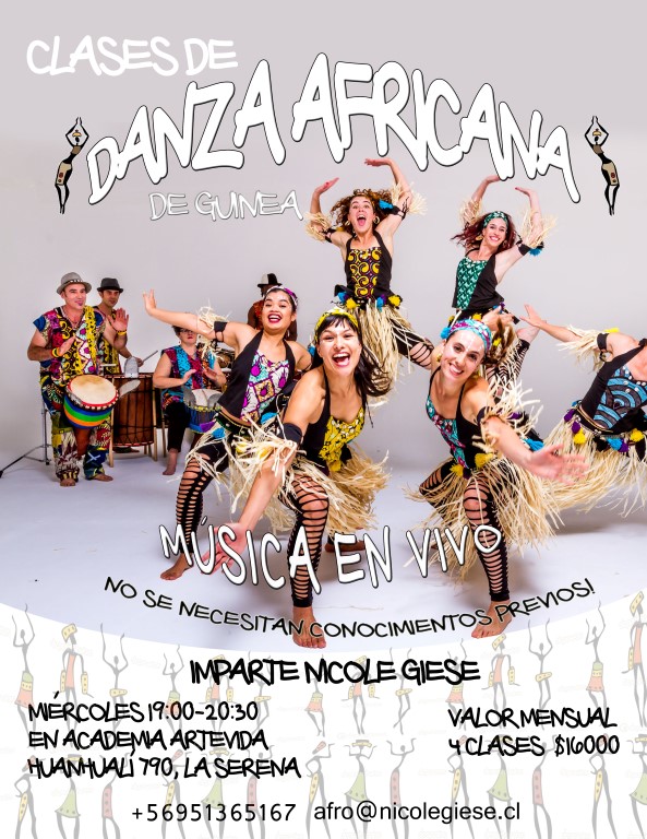 Clases de Danza Africana de Guinea con Musica en Vivo. Todos los Miercoles de 19:00 a 20:30 hrs en Academia Arte Vida, La Serena. No se necesitan conocimientos previos.
